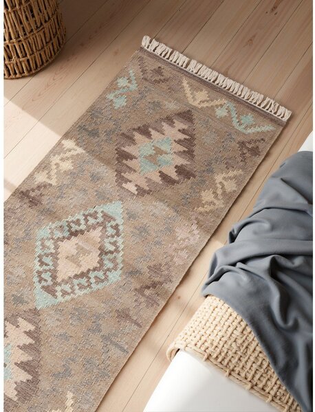 Covor tip traversă albastru deschis-bej reversibil, țesut manual din lână 60x190 cm Kamal Dune – Nouristan