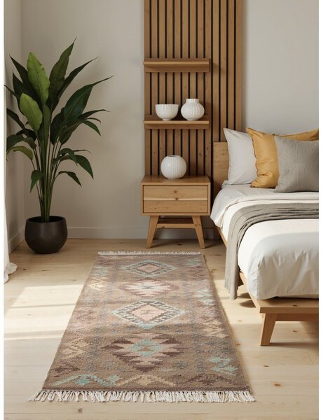 Covor tip traversă albastru deschis-bej reversibil, țesut manual din lână 60x190 cm Kamal Dune – Nouristan