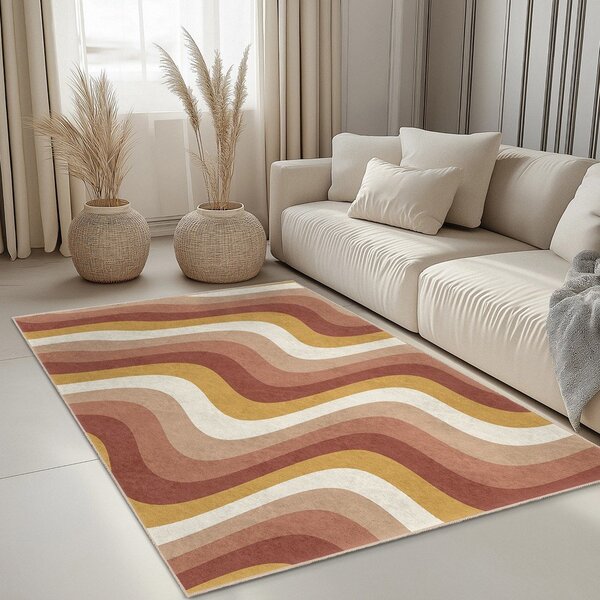 Covor tip traversă galben ocru-roz prăfuit lavabil 60x230 cm Creamy Strawberry Swirl – Mila Home