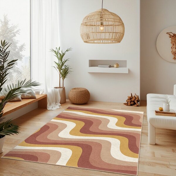 Covor tip traversă galben ocru-roz prăfuit lavabil 60x230 cm Creamy Strawberry Swirl – Mila Home