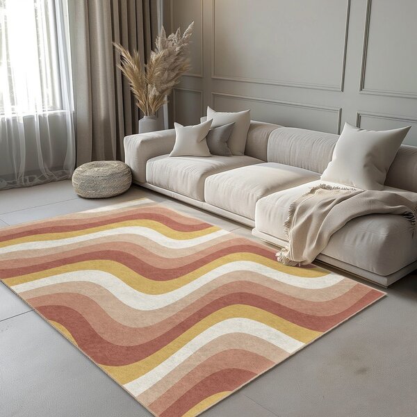 Covor tip traversă galben ocru-roz prăfuit lavabil 60x230 cm Creamy Strawberry Swirl – Mila Home