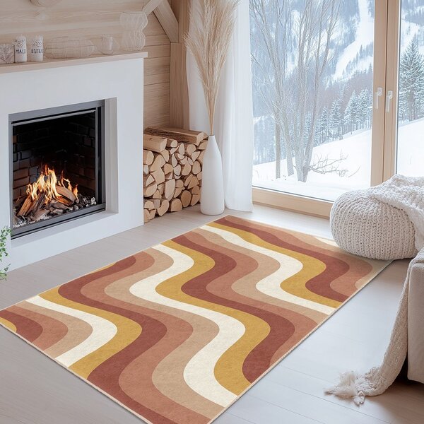 Covor tip traversă galben ocru-roz prăfuit lavabil 60x230 cm Creamy Strawberry Swirl – Mila Home