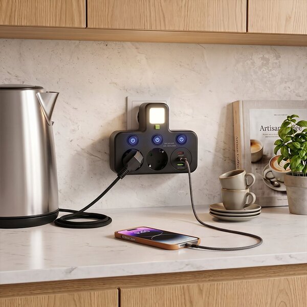 Toolight Toolight, JNH017, prelungitor cu 2 prize + 2× USB-A + USB-C cu lumină LED, negru, OSW-56308
