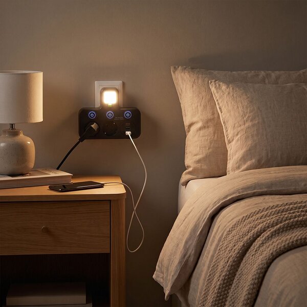Toolight Toolight, JNH017, prelungitor cu 2 prize + 2× USB-A + USB-C cu lumină LED, negru, OSW-56308
