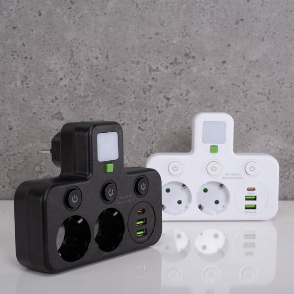 Toolight Toolight, JNH017, prelungitor cu 2 prize + 2× USB-A + USB-C cu lumină LED, negru, OSW-56308