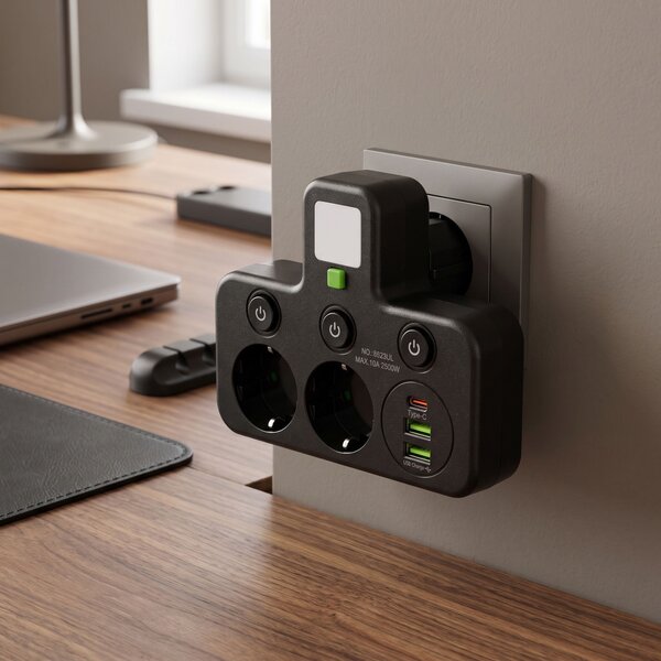 Toolight Toolight, JNH017, prelungitor cu 2 prize + 2× USB-A + USB-C cu lumină LED, negru, OSW-56308