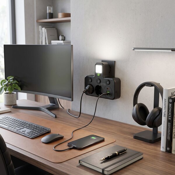 Toolight Toolight, JNH017, prelungitor cu 2 prize + 2× USB-A + USB-C cu lumină LED, negru, OSW-56308