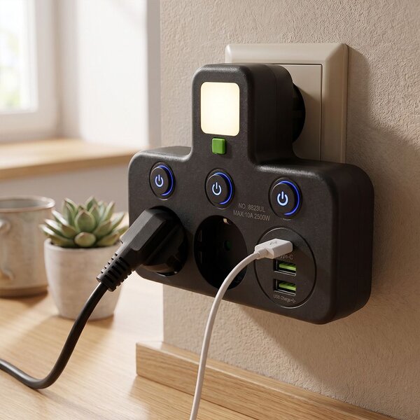 Toolight Toolight, JNH017, prelungitor cu 2 prize + 2× USB-A + USB-C cu lumină LED, negru, OSW-56308