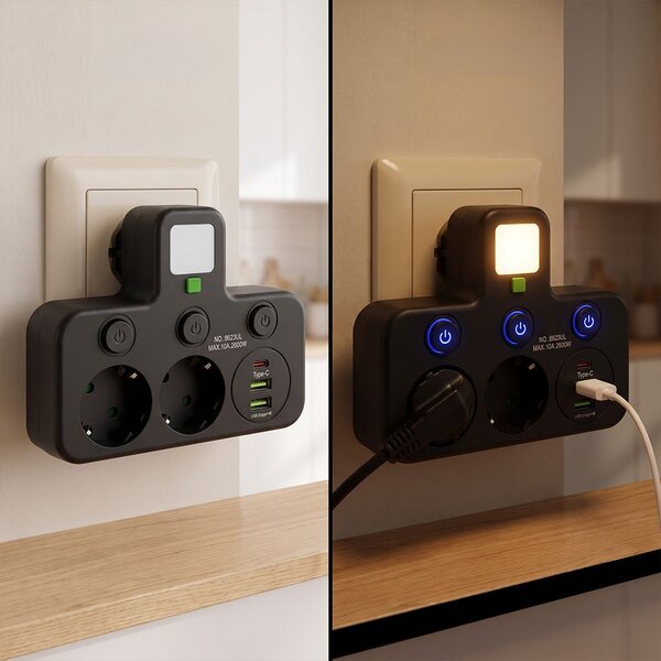 Toolight Toolight, JNH017, prelungitor cu 2 prize + 2× USB-A + USB-C cu lumină LED, negru, OSW-56308