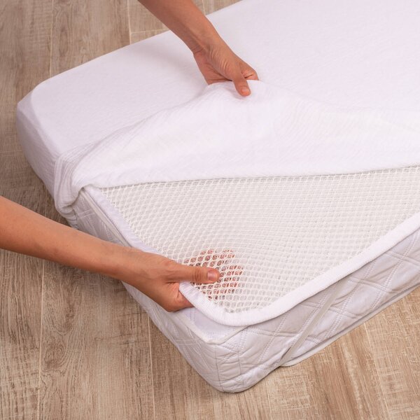 Set cearceaf si topper saltea antisufocare si antitranspiratie Kidizi 3D AirFlow 120x60 cm, cearceaf din muselina bumbac 100%