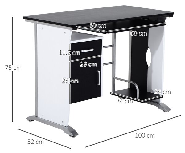HOMCOM Birou pentru PC cu Raft pentru Tastatură, Sertar și Dulap, Birou Modern, 100x52x75 cm, Alb și Negru | Aosom Romania