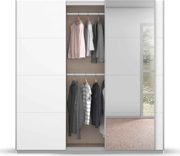 Dressing 203 cm lungime, 3 usi glisante, oglinda pe mijloc, compartimentare premium, 210 cm înălțime