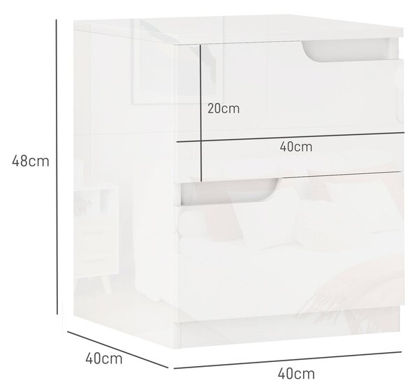 HOMCOM Noptieră Modernă cu 2 Sertare și Design Lucios, Noptieră pentru Dormitor din PAL, 40x40x48 cm, Alb Lucios | Aosom Romania