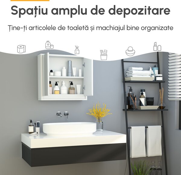 HOMCOM Dulap de baie cu 2 usi, oglinda baie dulap cu raft reglabil din lemn MDF 48x14.5x45cm alb