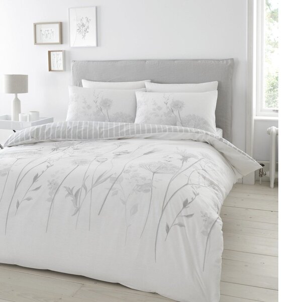 Lenjerie de pat Catherine Lansfield Meadowsweet Floral, 200 x 200 cm, alb - gri