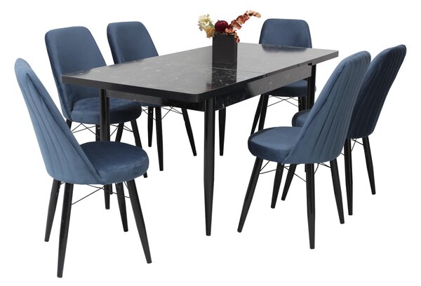 Set masă extensibilă Aris Negru Marmorat cu 6 scaune Minerva Turcoaz