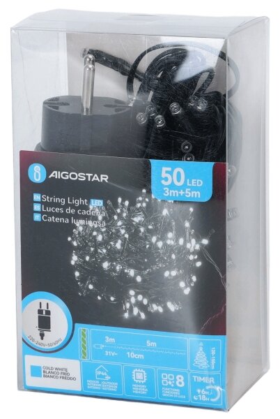 Aigostar - Șirag de lumini LED de exterior pentru Crăciun, 50 LED/8 funcții, 8 m, IP44, alb rece