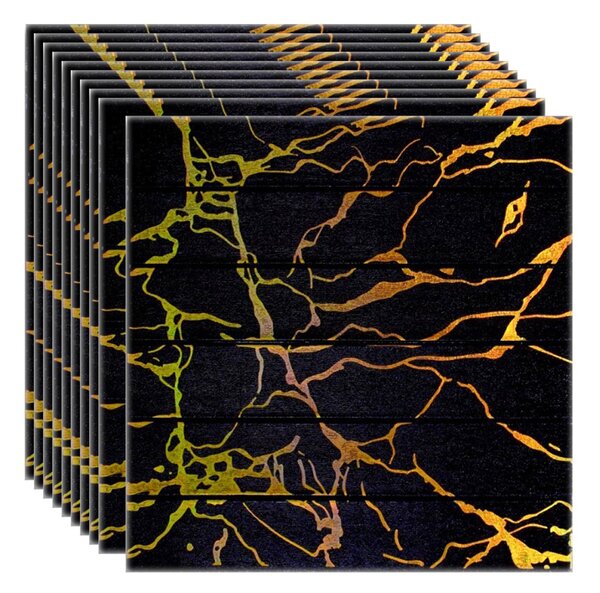 Set 10 x Tapet 3D autoadeziv, Naimeed D3313, model Caramida, 70 x 70 cm, Negru / Auriu