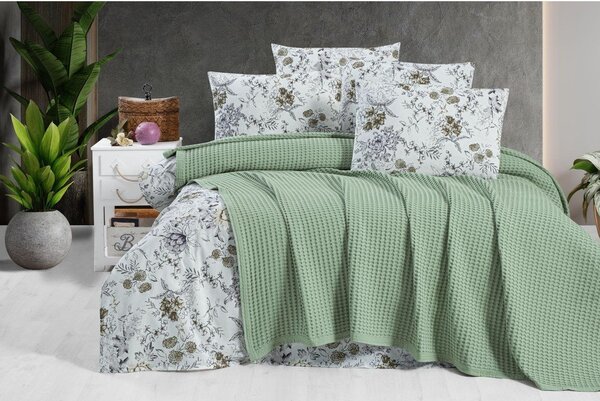 Cuvertură verde din bumbac 220x240 cm Waffle – Mila Home