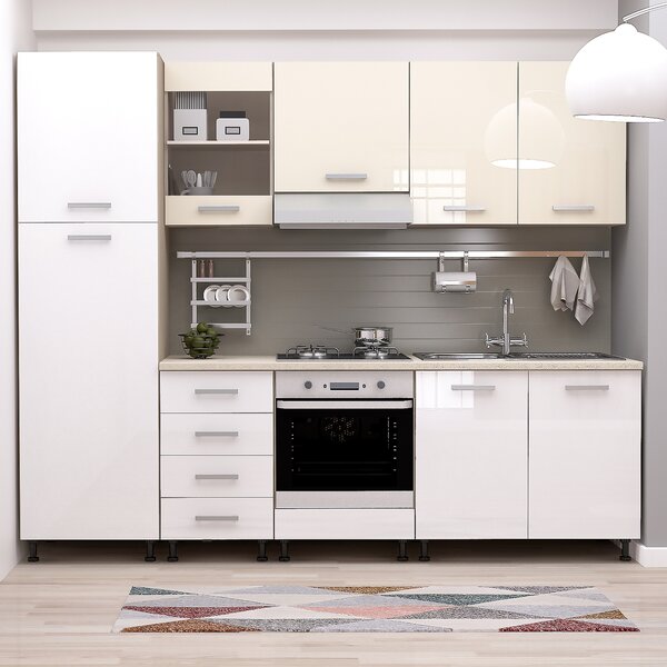 Mobila bucatarie STYLE 255, Vizon, MDF Alb, Crem Gloss