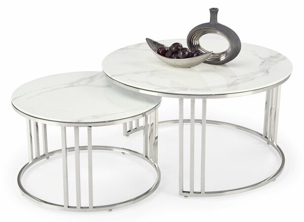 Set de măsuțe de cafea Houston 1503Marmură albă, Argint, 5cm, Sticlă călită, Rotund, Asamblate parțial
