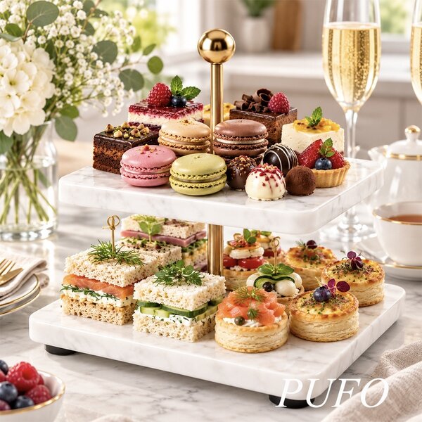 Fructiera etajata Pufo Luxury din marmura cu 2 niveluri, pentru prajituri, mini torturi, fructe, aperitive, 19 x 19 x 21 cm