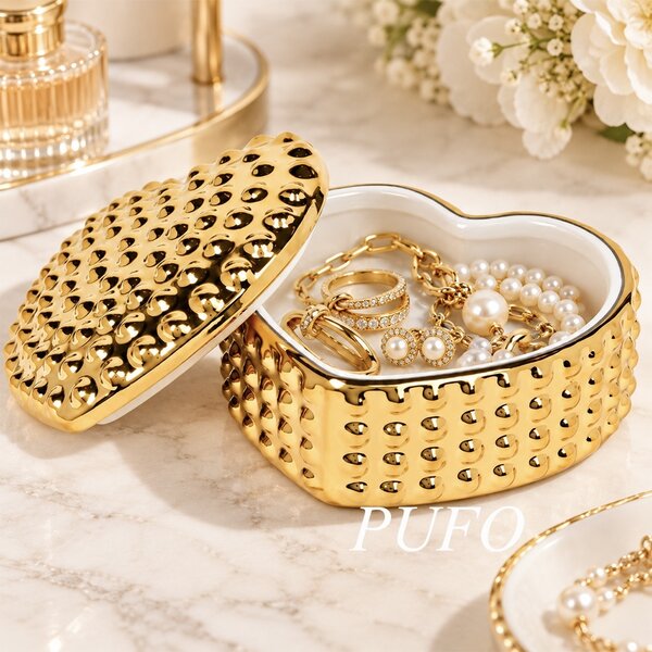 Recipient decorativ ceramic auriu in forma de inima, cutie eleganta pentru bijuterii, accesorii, bomboane si decoratiuni, 12.5 x 9.5 cm