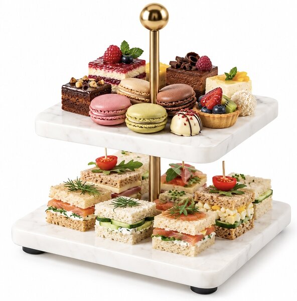 Fructiera etajata Pufo Luxury din marmura cu 2 niveluri, pentru prajituri, mini torturi, fructe, aperitive, 19 x 19 x 21 cm