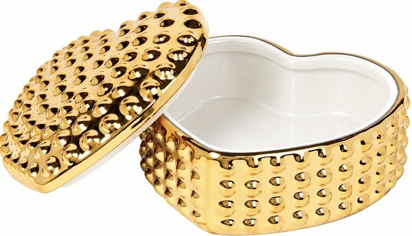 Recipient decorativ ceramic auriu in forma de inima, cutie eleganta pentru bijuterii, accesorii, bomboane si decoratiuni, 12.5 x 9.5 cm
