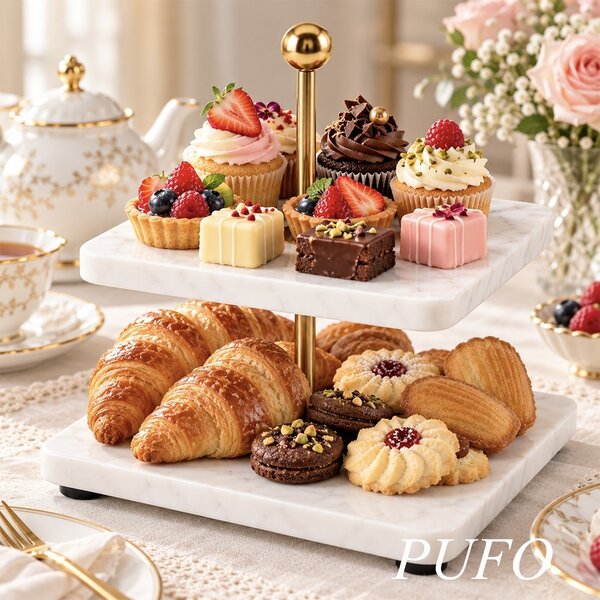 Fructiera etajata Pufo Luxury din marmura cu 2 niveluri, pentru prajituri, mini torturi, fructe, aperitive, 19 x 19 x 21 cm