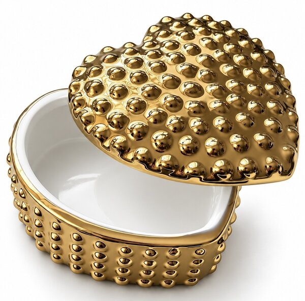 Recipient decorativ ceramic auriu in forma de inima, cutie eleganta pentru bijuterii, accesorii, bomboane si decoratiuni, 12.5 x 9.5 cm