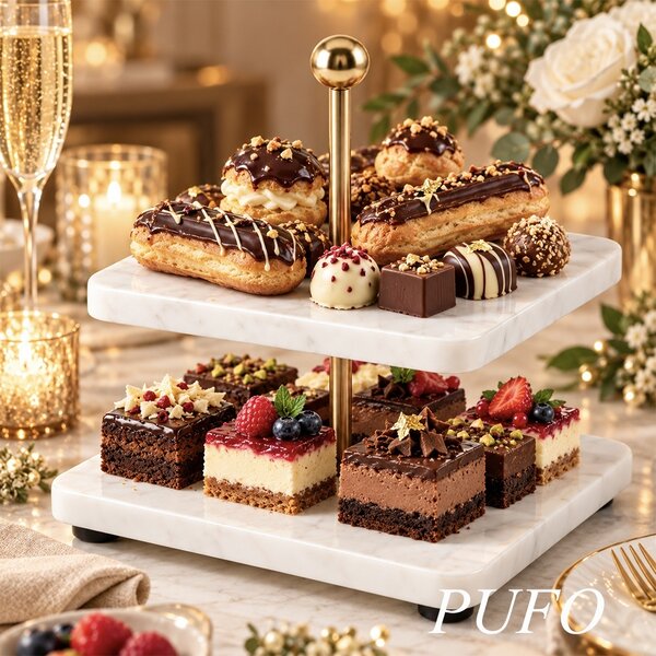Fructiera etajata Pufo Luxury din marmura cu 2 niveluri, pentru prajituri, mini torturi, fructe, aperitive, 19 x 19 x 21 cm