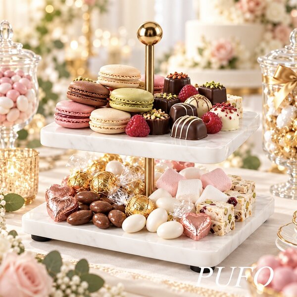 Fructiera etajata Pufo Luxury din marmura cu 2 niveluri, pentru prajituri, mini torturi, fructe, aperitive, 19 x 19 x 21 cm