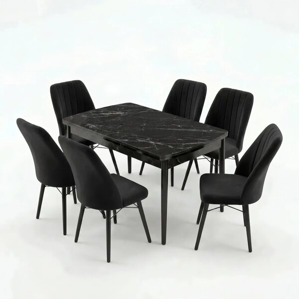 Verona Set Masa Extensibila (Negru Marmura) 80x 135 (80 x 178) Si Scaun 6 Buc, Aur Detalii, Horeca, Bucatarie, Living