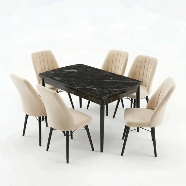 Verona Set Masa Extensibila (Negru Marmura) 80x 135 (80 x 178) Si Scaun 6 Buc, Aur Detalii, Horeca, Bucatarie, Living