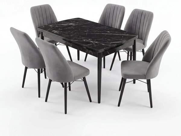 Verona Set Masa Extensibila (Negru Marmura) 80x 135 (80 x 178) Si Scaun 6 Buc, Aur Detalii, Horeca, Bucatarie, Living
