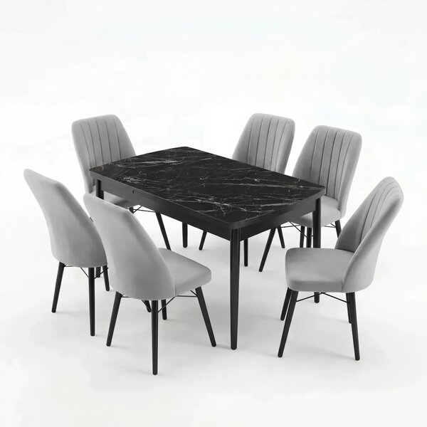 Verona Set Masa Extensibila (Negru Marmura) 80x 135 (80 x 178) Si Scaun 6 Buc, Aur Detalii, Horeca, Bucatarie, Living