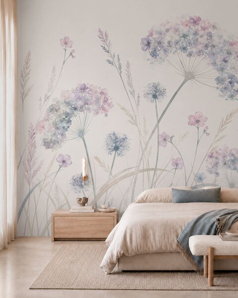 Tapet Flori de câmp în nuanțe delicate de albastru și liliac, Fototapet Acuarelă, w05731 : Uwalls.ro