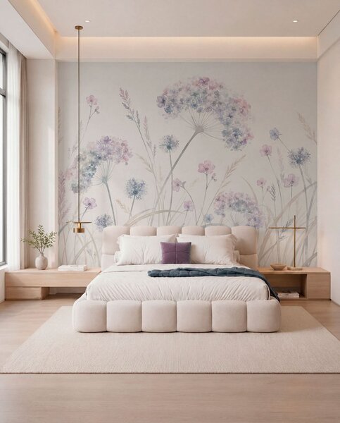 Tapet Flori de câmp în nuanțe delicate de albastru și liliac, Fototapet Acuarelă, w05731 : Uwalls.ro