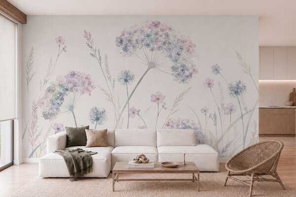Tapet Flori de câmp în nuanțe delicate de albastru și liliac, Fototapet Acuarelă, w05731 : Uwalls.ro