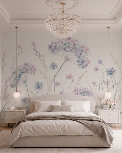 Tapet Flori de câmp în nuanțe delicate de albastru și liliac, Fototapet Acuarelă, w05731 : Uwalls.ro