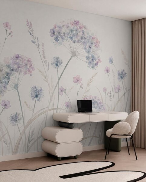 Tapet Flori de câmp în nuanțe delicate de albastru și liliac, Fototapet Acuarelă, w05731 : Uwalls.ro