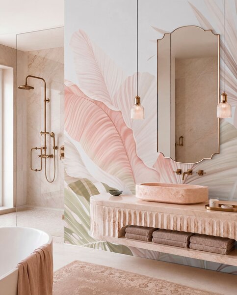 Tapet Frunze tropicale delicate, în nuanțe pastelate, Fototapet Natură, Fototapet Foi de palmier, w05810 : Uwalls.ro