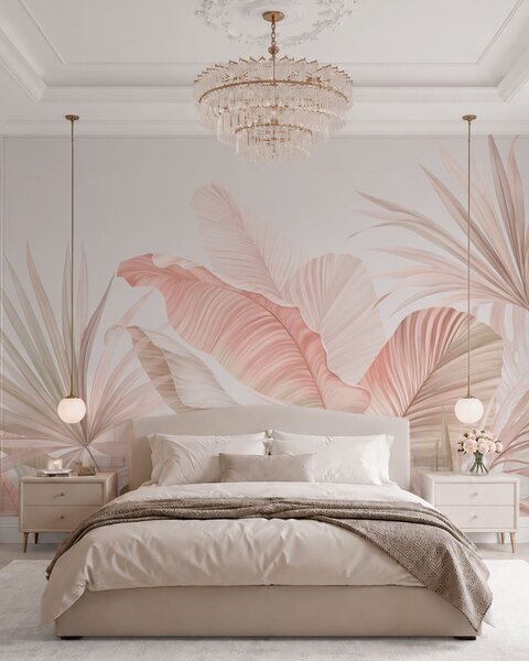 Tapet Frunze tropicale delicate, în nuanțe pastelate, Fototapet Natură, Fototapet Foi de palmier, w05810 : Uwalls.ro