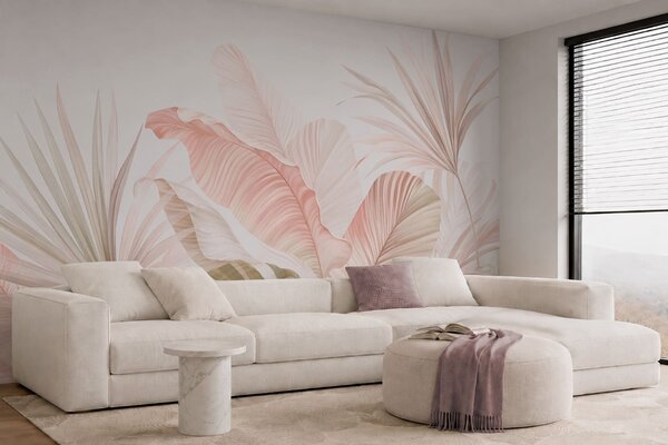 Tapet Frunze tropicale delicate, în nuanțe pastelate, Fototapet Natură, Fototapet Foi de palmier, w05810 : Uwalls.ro