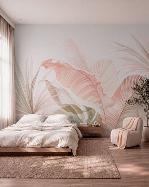 Tapet Frunze tropicale delicate, în nuanțe pastelate, Fototapet Natură, Fototapet Foi de palmier, w05810 : Uwalls.ro