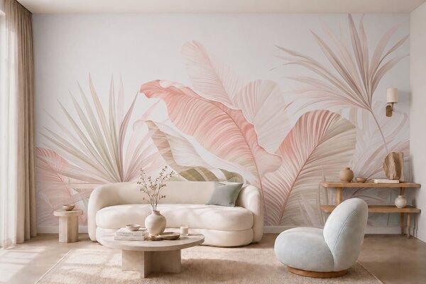 Tapet Frunze tropicale delicate, în nuanțe pastelate, Fototapet Natură, Fototapet Foi de palmier, w05810 : Uwalls.ro