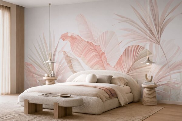 Tapet Frunze tropicale delicate, în nuanțe pastelate, Fototapet Natură, Fototapet Foi de palmier, w05810 : Uwalls.ro