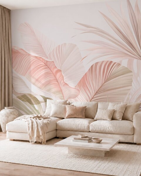 Tapet Frunze tropicale delicate, în nuanțe pastelate, Fototapet Natură, Fototapet Foi de palmier, w05810 : Uwalls.ro