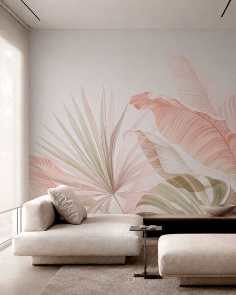 Tapet Frunze tropicale delicate, în nuanțe pastelate, Fototapet Natură, Fototapet Foi de palmier, w05810 : Uwalls.ro